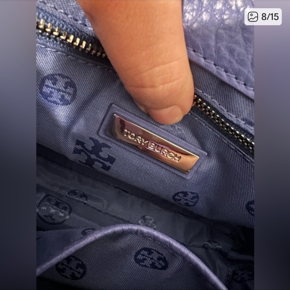 Tory Burch Duet Chain Micro shoulder purse bag in Marlon blue pebbled leather - Picture 8 of 15